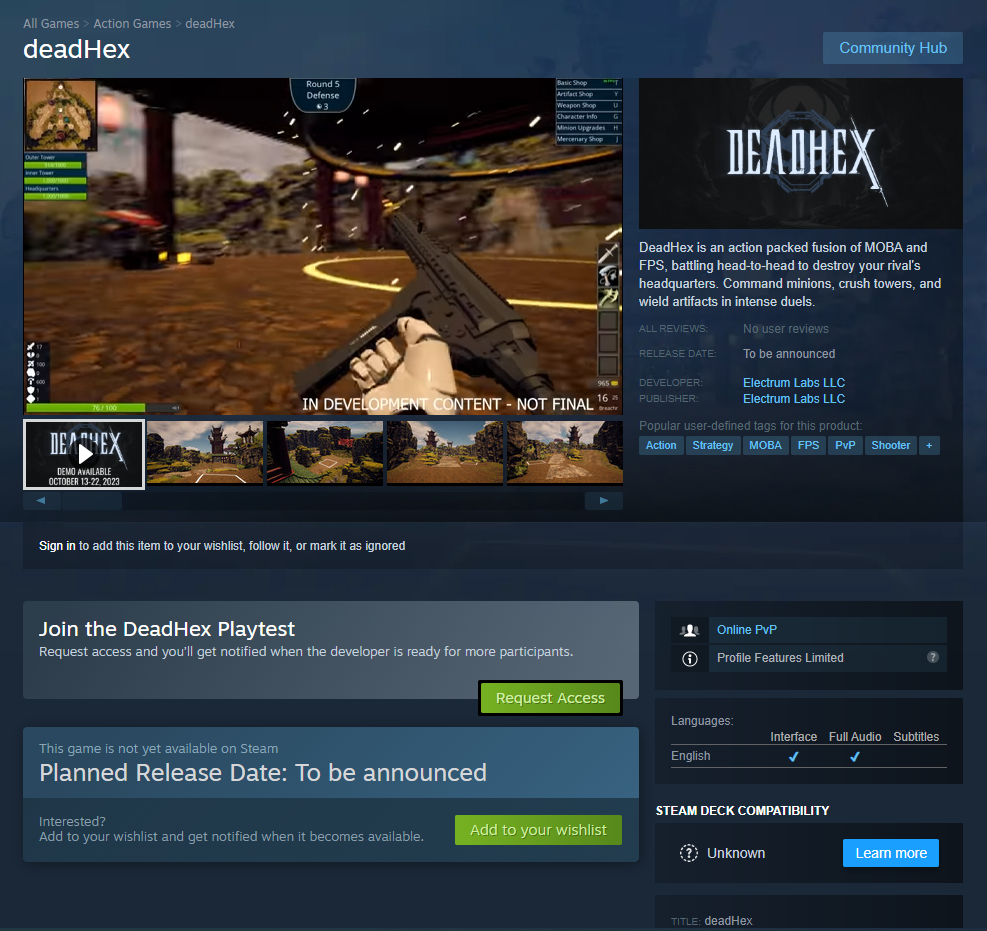 The deadHex store page on Steam